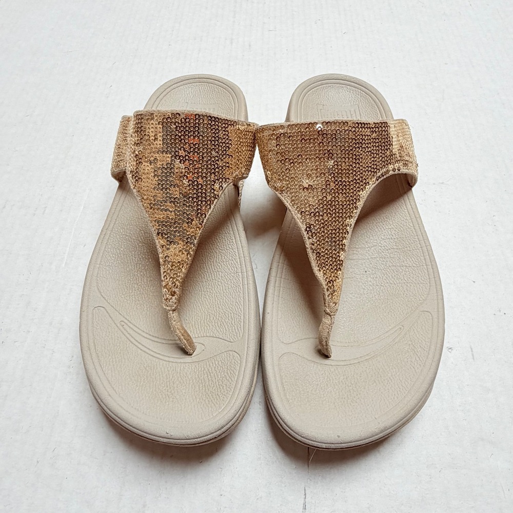 FitFlop Lulu Gold Sequin Thong Sandals Microwobbleboard Comfort Slides Womens 9